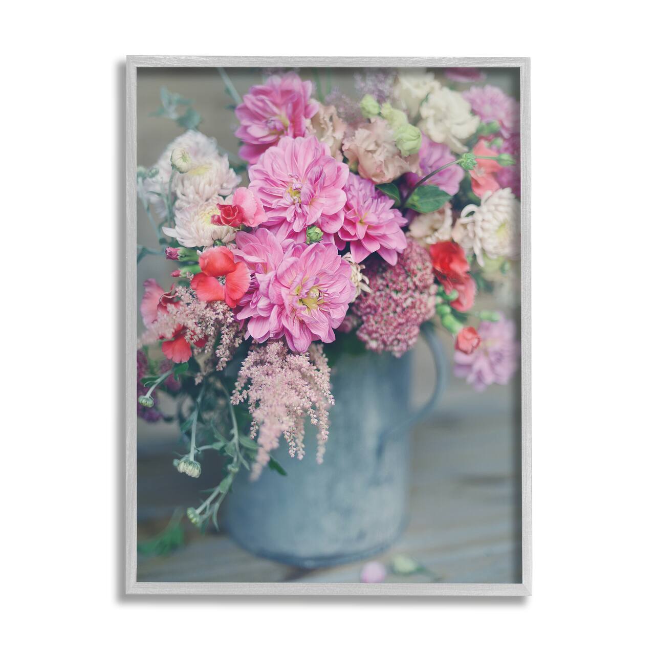 Stupell Industries Pink Floral Arrangement Soft Focus Grey Pot in Gray Frame Wall Art